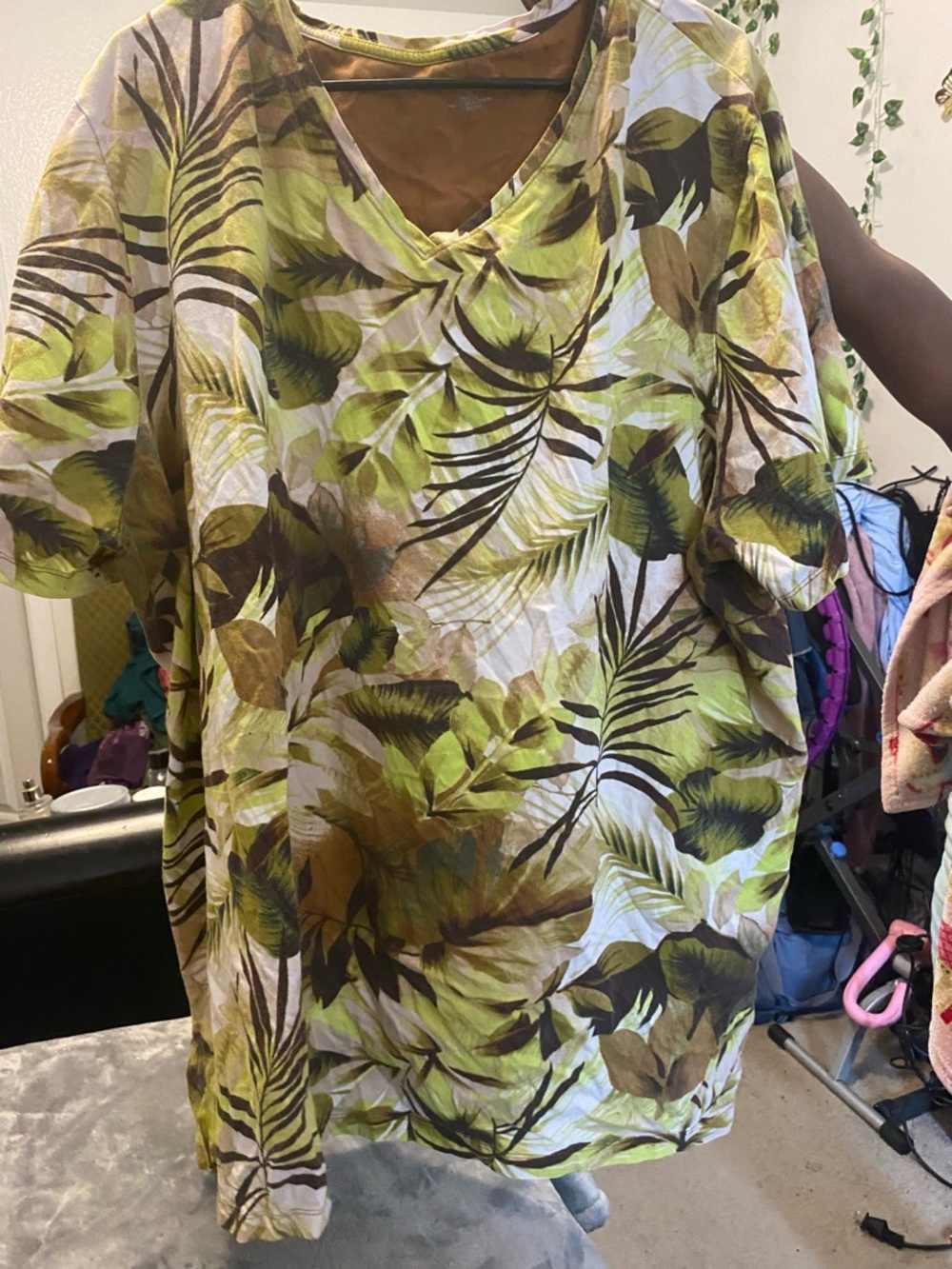 Catherines Tropical Leaf V-Neck Tunic in Green and Brown